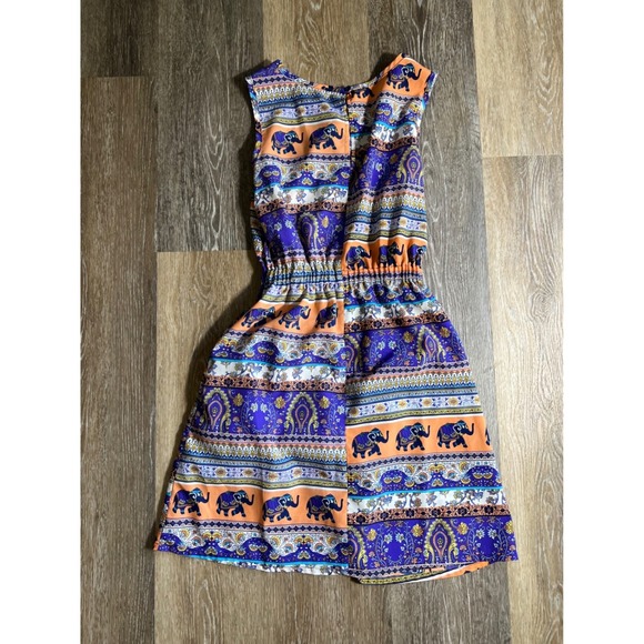 Derek Heart Women Elephant Print Smocked Waist Dress Size S Orange Purple Blue - Picture 5 of 5